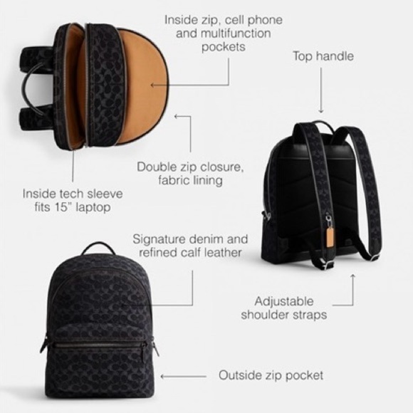 COACH Denim $550 Tag, New Charter Signature Black Denim Backpack - Picture 4 of 8